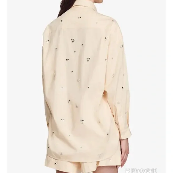 Sandro Rhinestone Cream Collared Shirt - Picture 2 of 12